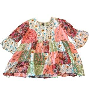 Sacred Threads Floral Patchwork Boho Tunic Top Pink Green S/M Bell Sleeve Rayon